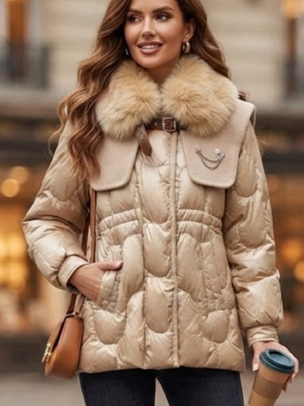 Goose Down Tan Puffer Coat with Fox Fur Collar